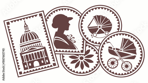 Vintage Stamp Collection Illustrating Women's History Government and Motherhood for Genealogy Design Projects