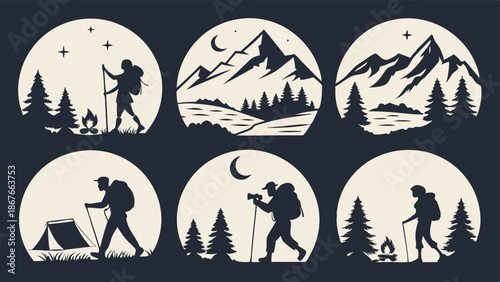 Outdoor Adventure Hiking Camping Silhouettes for Travel Blog Web Design Summer Vacation Posters