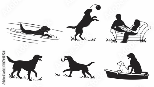 Happy Labrador Dog Activities Set Swimming Fetching Relaxing with Owners for Pet Care Website Design