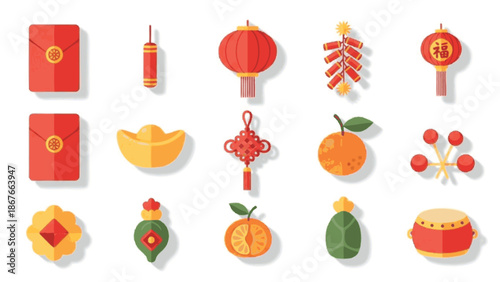 Vibrant Flat Vector Icons for Chinese New Year Celebrations featuring Traditional Lunar Festival Elements, Lucky Charms, and Festive Decorations