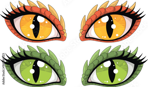 Fantasy dragon eyes vector illustration set featuring reptile scales colorful pupils and expressive gaze for game design character concept art logos and creative projects