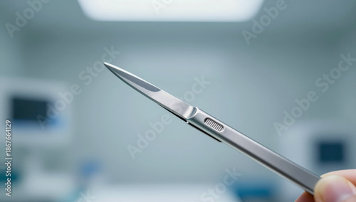 Surgical scalpel blade close up medical equipment surgery healthcare professional background copy space hospital clinic operation doctor instrument steel