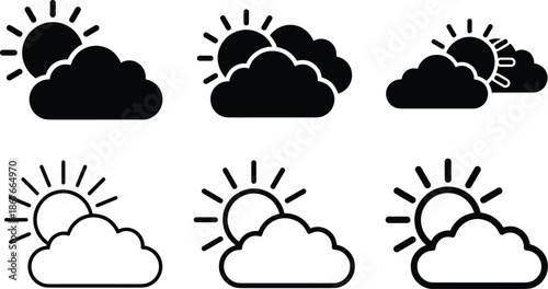 Partly cloudy weather icon set showing solid and outline sun and cloud symbols, forecast, climate and meteorology concept vector