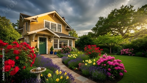 A stunning night view of a vibrant cityscape with modern auditorium illuminated, surrounded by traditional houses and palm trees under a clear night sky.