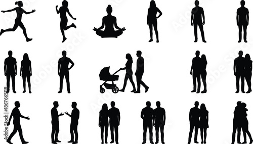 People silhouettes mega set showing daily life activities, family moments, walking, running, meditation, social interaction, lifestyle diversity, black white illustrationWeb
