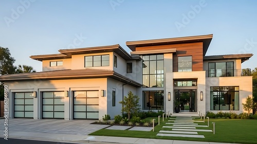 New Contemporary Style Luxury Home Exterior with Three Car Garage