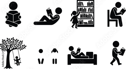Reading activity silhouette icon set showing children and adults reading books in different positions, education and leisure concept vectorWeb