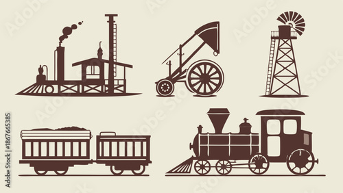 Vintage Steam Train Locomotive and Western Icons Silhouettes for History Design Projects and Nostalgic Advertising