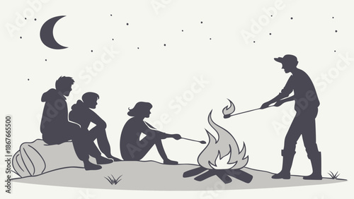 Friends Roasting Marshmallows Over Campfire Under Night Sky for Outdoor Summer Vacation Relaxation and Bonding Activity