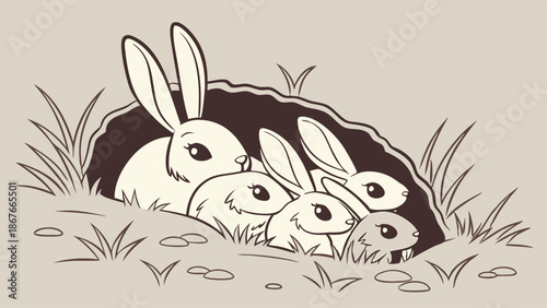 Adorable Family of Rabbits Peeking from Cozy Burrow Entrance for Spring Easter Wildlife Illustration