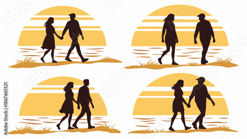 Couples Walking Hand in Hand on Beach Sunset Silhouette for Romance Travel Dating Website Design Summer Vacation Advertising