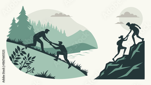 Teamwork Hiking Ascent Helping Hand Mountain Climb Success for Outdoor Adventure Web Design and Motivation Projects