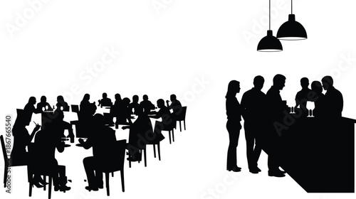 Silhouette of people dining and socializing in modern restaurant and bar interior, business meeting, nightlife, hospitality concept, black white illustrationWeb