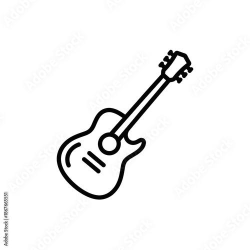 Acoustic guitar icon, simple line art, white background, musical instrument symbol