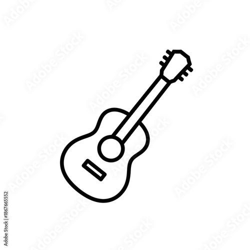 Acoustic guitar icon, simple line drawing on white background, musical instrument symbol