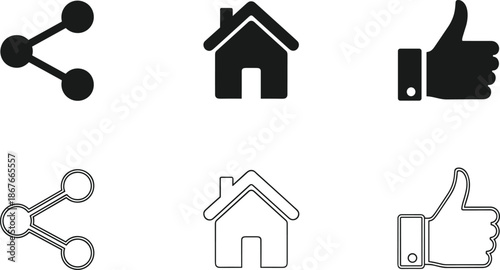 Social media interface icon set showing solid and outline share, home and like symbols, user interaction and web navigation concept vectorWeb