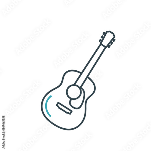 Acoustic guitar icon, simple line art, musical instrument, isolated on white