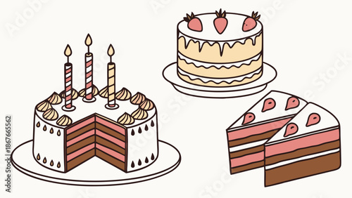 Delicious Birthday Cake Slices and Whole Dessert with Candles for Celebration, Party Invitations, Bakery Menus, and Sweet Food Blogs