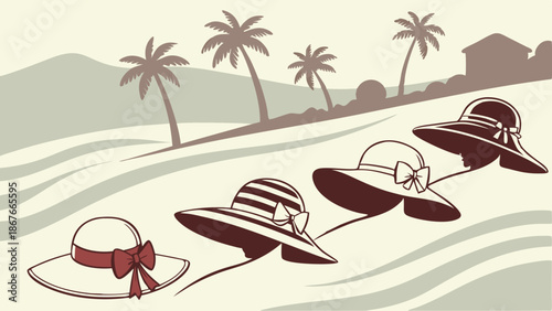 Four Stylish Sun Hats Lined Up on Tropical Beach Slope for Summer Vacation Travel Advertising
