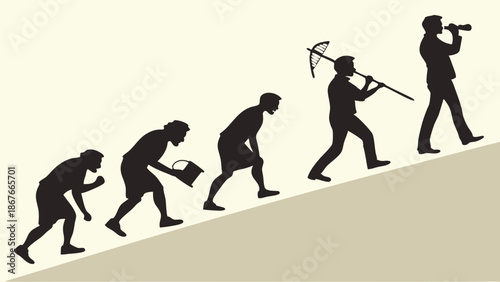 Human Evolution Progression Showing Career Growth from Primitive Work to Forward-Looking Leadership Vision
