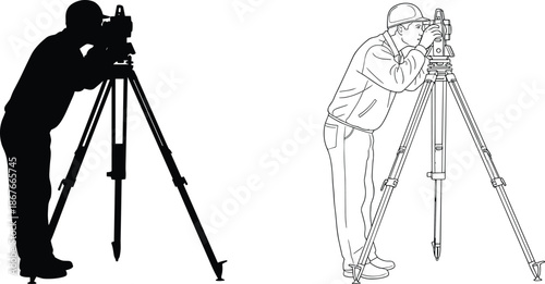 Surveyor using total station illustration showing solid and outline land surveying worker silhouettes, construction measurement and engineering concept vectorWeb