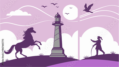 Mystical Lighthouse Scene with Rearing Horse and Woman Guiding Journey for Adventure Travel Web Design or Book Cover Illustration (157 characters)