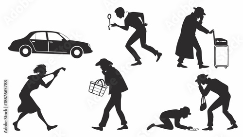 Detective Silhouettes Investigating Crime Scene with Magnifying Glass Car and Clues for Mystery Thriller Media Projects