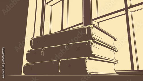 Vintage Stack of Old Books on Sunlit Windowsill Perfect for Academic Study Library Education Background Design