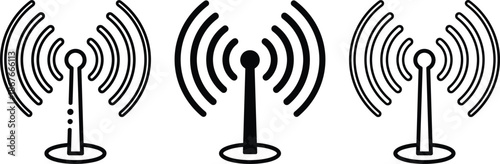 Wireless signal tower icon set showing outline and solid antenna symbols, radio communication and network transmission concept vector illustrationWeb