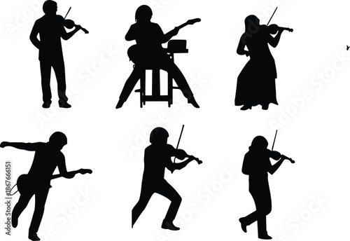 Violinists and musicians silhouettes set performing classical music, string instruments, artistic movement, rhythm, concert performance, black white illustrationWeb