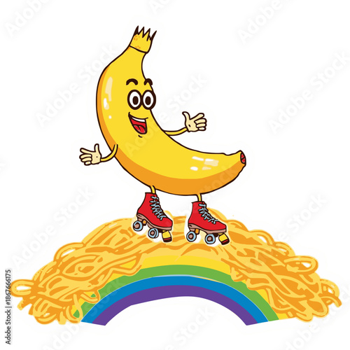 Surreal Silly Banana Skating on Spaghetti Rainbow Sticker - AI-Generated Vector Illustration
Description: Fun absurd surreal sticker featuring a banana roller-skating on a spaghetti rainbow. Perfect