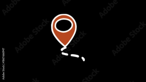 Location map pin with route path dashed line pointer icon animation loop on transparent background.