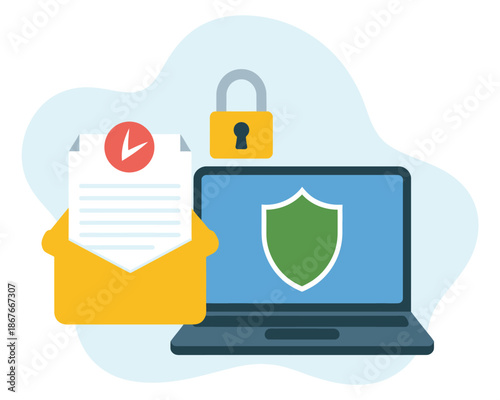 A laptop with a green shield on the screen is protected by a yellow padlock and features a secure email with a red checkmark.