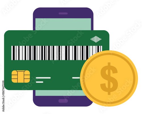 A green credit card and a gold coin with a dollar sign on a purple mobile phone