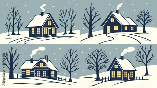 Cozy Winter Cabin Scenes Snowfall Holiday Greeting Card Design Festive Rural Landscape Illustration for Seasonal Advertising