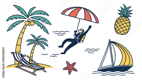 Tropical Summer Vacation Elements Set Palm Tree Beach Chair Scuba Diver Parasailing Pineapple Sailboat for Travel Tourism Design