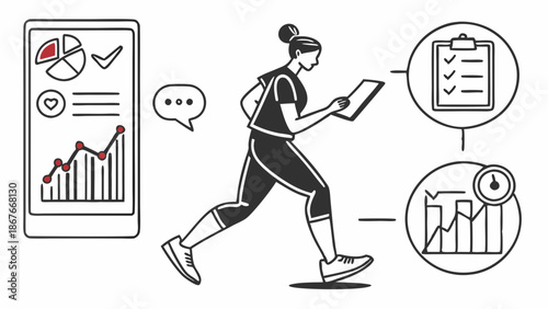 Active Woman Runner Tracking Fitness Goals With Mobile App Data Charts For Health And Wellness App Design