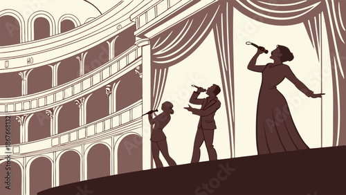 Silhouetted Singers Perform on Grand Stage with Ornate Theater Balconies for Entertainment Promotion