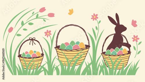 Easter Bunny Hunt Baskets Filled with Colorful Eggs Spring Meadow Illustration for Holiday Greeting Cards Website Banners