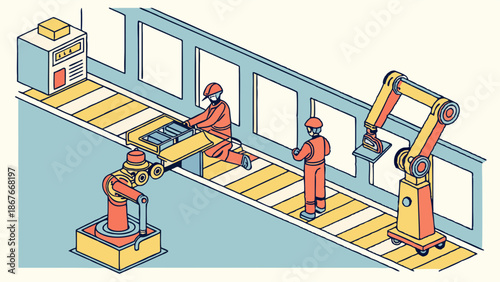 Automated Factory Assembly Line with Robotic Arms and Workers Integrating Manufacturing Technology for Production Efficiency