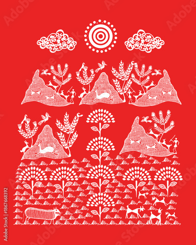 Traditional Warli Art - Sacred Forest Scene with Tiger, Deer, and Birds for Wall Decor. Warli art, Wildlife illustration, Tribal painting, Indian folk art