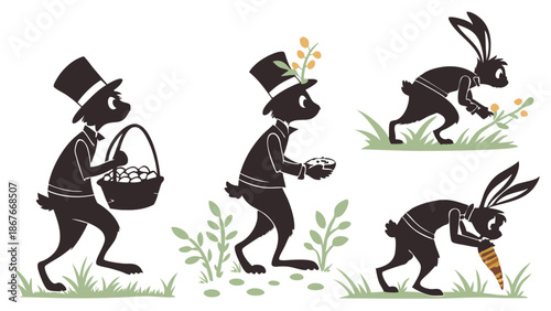 Charming Black Rabbit Silhouette Set For Easter Holiday Design Elements Whimsical Top Hat Bunny Collecting Eggs and Carrots