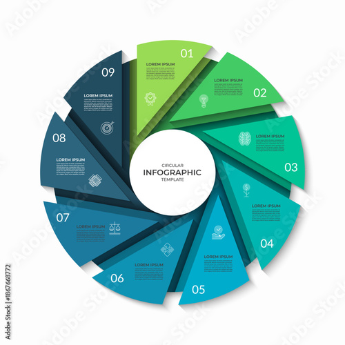 Infographic circle divided into 9 segments. Cycle diagram with nine steps. Can be used for business presentation, report, brochure, data visualization, marketing materials. Vector illustration.