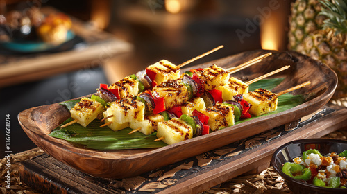 Grilled pineapple skewers on a wooden platter, offering a tropical-inspired appetizer. Colorful peppers and onions complement the sweet and tangy pineapple.