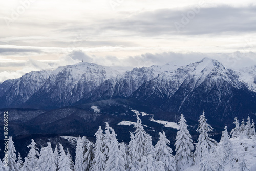 snow covered mountains, Bucegi Mountains, view from Postavaru Mountains, Romania 