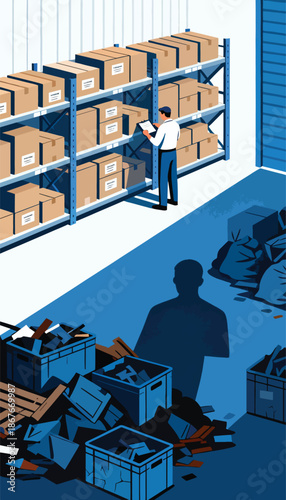 A man stands in a warehouse, reviewing a clipboard amidst organized boxes and discarded debris