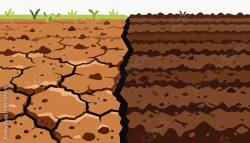 Cracked dry earth on left, fertile soil with layers on right, contrasting ground