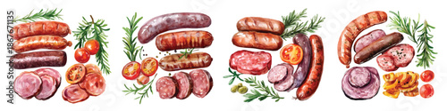 Grilled sausages and assorted meats with herbs and spices, barbecue watercolor set isolated on transparent background