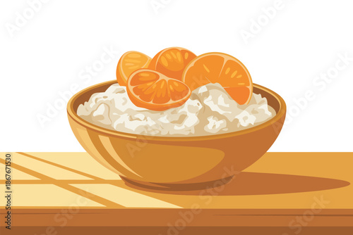 A bowl of oatmeal with sliced oranges on top sits on a wooden table in a bright and airy kitchen.