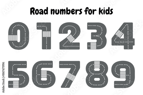 Educational Road Numbers 0–9. Perfect for preschool learning activities, math games, classroom posters, or printable worksheets.